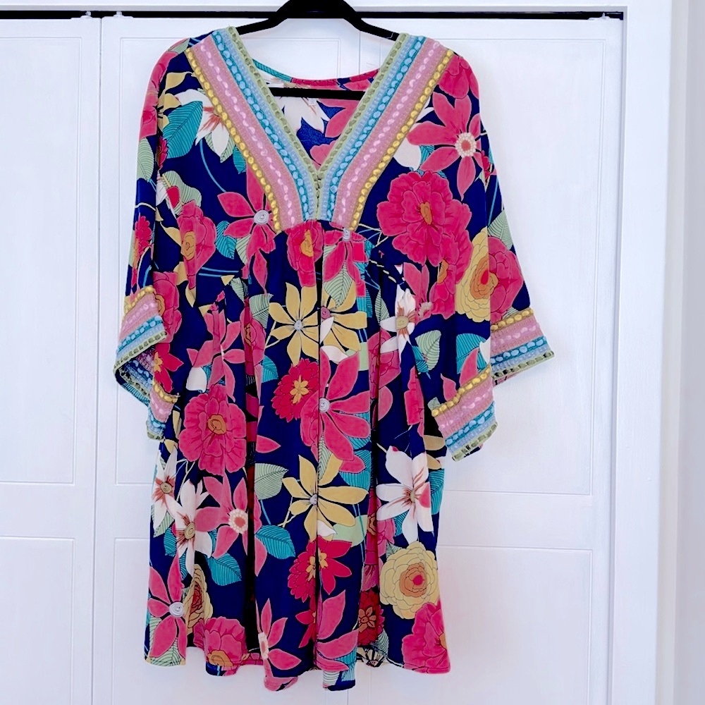 Navy Floral Embroidered boho pocketed bohemian chic Neckline Dress